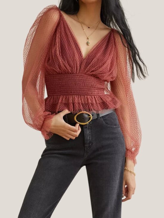 Anthropologie Tops - Anthropologie Tulle V-Neck Blouse Sheer Long Sleeve Pink Medium